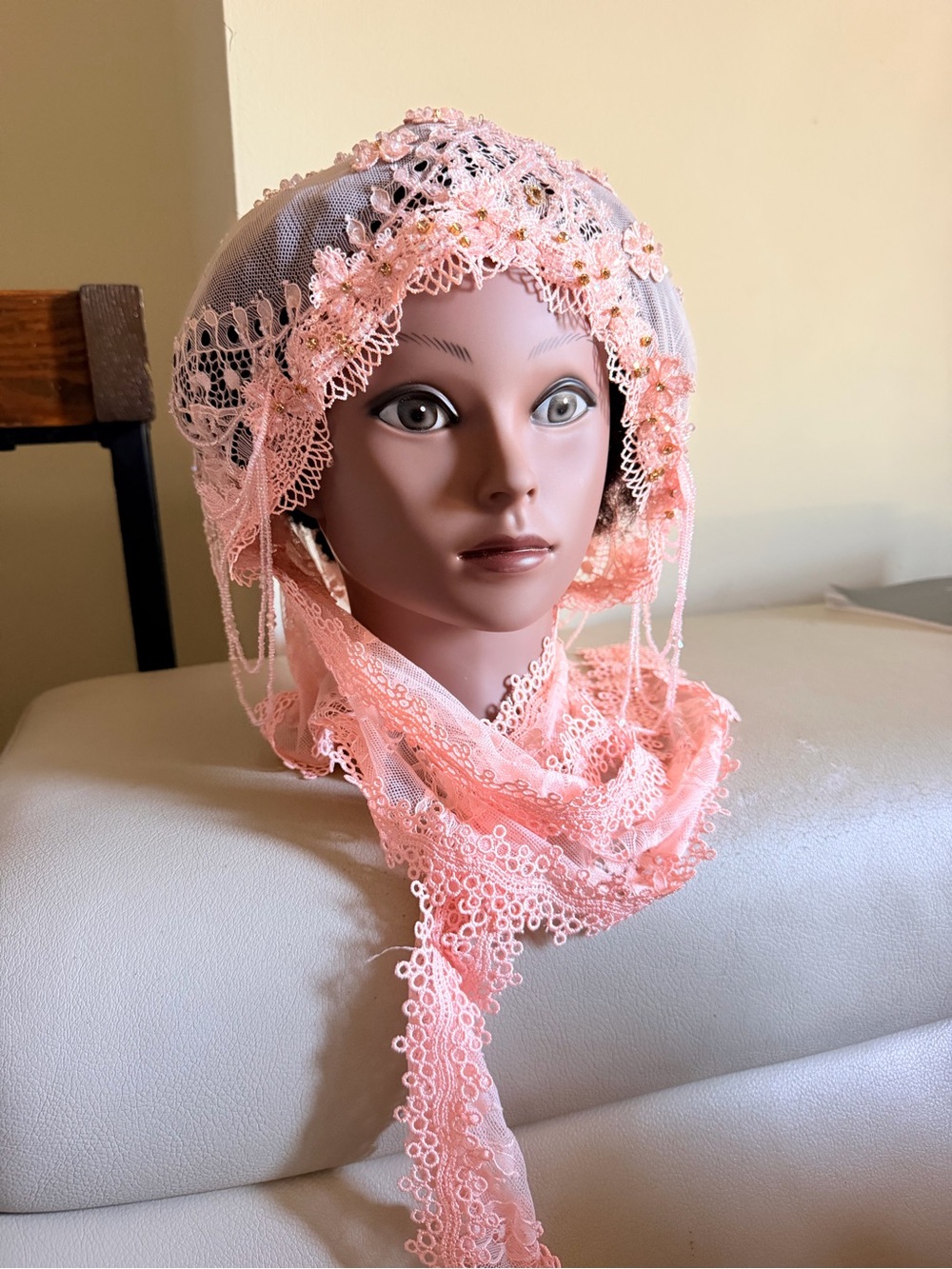 Delicate Pink Lace Headscarf for Women